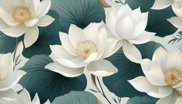 delicate and minimalist white lotus flowers with subtle leaves on white background seamless pattern texture floral background