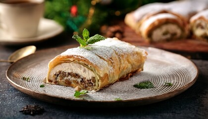 strudel cream dessert with herbal accents