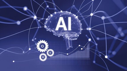 Artificial intelligence brain network with gears and data graph, representing advanced technology, machine learning, and digital innovation in a futuristic concept