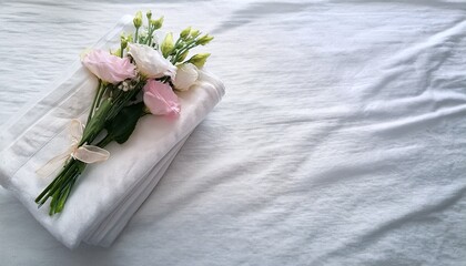 freshly laundered white linens decorated with flowers
