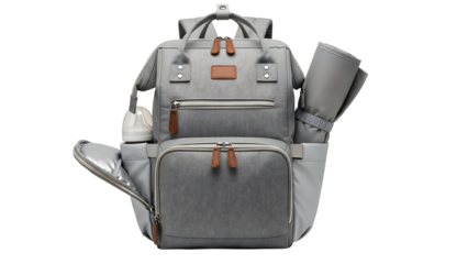 Grey baby backpack with multiple pockets and compartments