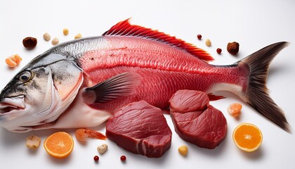 fish surrounded meat steak candy fish on white background