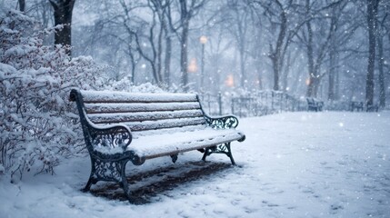 Snow-covered park bench in winter scenery with trees and soft snowflakes falling, creating a serene and tranquil atmosphere in the snowy landscape
