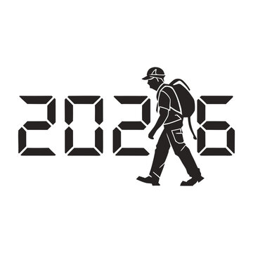 Hiker walking towards the year 2026