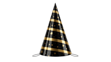 Glossy Black and Gold New Year Cone Party Hat with Star Pattern Isolated on Transparent Background PNG