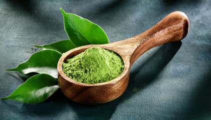 green powder in wooden bowl spoon leaves