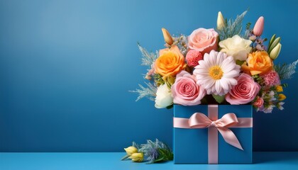 bouquet of beautiful flowers in a blue gift box on blue background