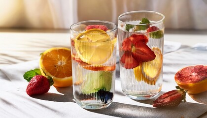 fruit infused water in crystal glasses with sunlight shadows