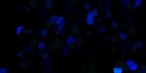 Abstract dark background with scattered bright blue polygonal fragments and subtle dark green and red accents, creating a futuristic or digital glitch aesthetic