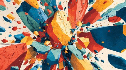 Abstract representation of shield breaking into colorful fragments