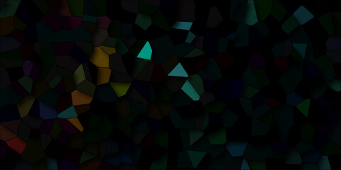 Dark abstract mosaic with scattered luminous polygonal shapes in vibrant teal, yellow, and orange against a deep black background, evoking a mystical or cosmic feel