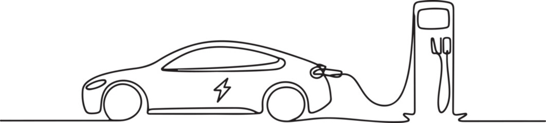 Electric car and charging stations in continuous one line drawing, Continuous one line drawing Electric car at charging station. one line Art icon drawing