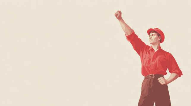 A man with a raised fist wearing a red shirt and hat in a classic USSR propaganda illustration painting style for revolution, power, and workers movement concept.