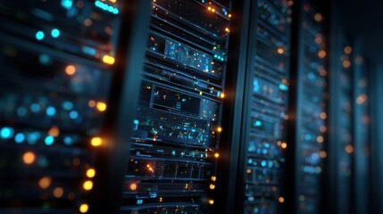 A data center features rows of server racks filled with data storage units. Colored lights blink on the servers indicating active operations at night.