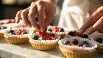 Closeup of a persons hands carefully placing fresh red currants and blueberries on top of small, sweet tarts, creating beautiful desserts