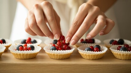 Closeup of a persons hands meticulously decorating freshly baked mini tarts with vibrant red currants and dark blueberries, arranged on a wooden surface