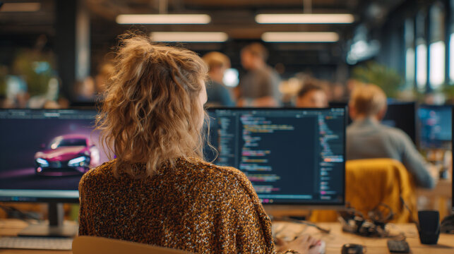 Woman Coding in Modern Tech Office, Diverse Team Collaboration, Innovation and Creativity - Powered by Adobe