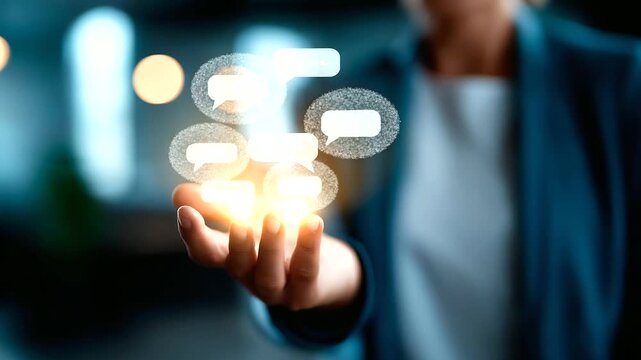 Executive hand displaying conversation bots with global networking defocused background AI virtual support automated client service linguistic interpretation real time