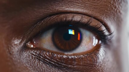 Intense macro view of a brown human eye with a colorful pixelated computer screen reflecting in the pupil, symbolizing digital life and technology - Powered by Adobe