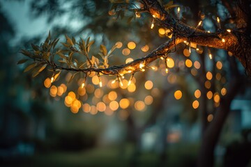 Magical festive lights in outdoor evening scene