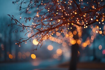 Romantic outdoor lighting on branches with bokeh