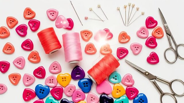 Colorful sewing craft supplies including buttons thread spools and scissors arranged on white background.