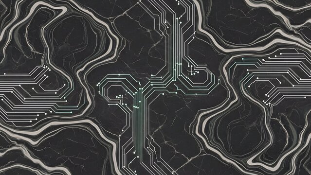 A seamless digital wallpaper design featuring a tech circuit board pattern with microchip hardware and electronic processor lines for a modern computer engineering concept illustration