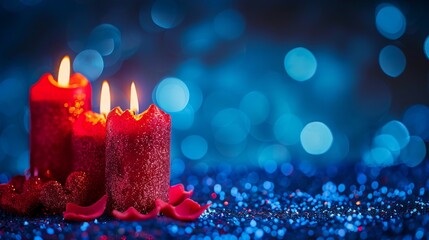 Advent candles illuminating the darkness with softly blurred abstract lights surrounding them