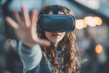 Excited woman exploring the metaverse in VR