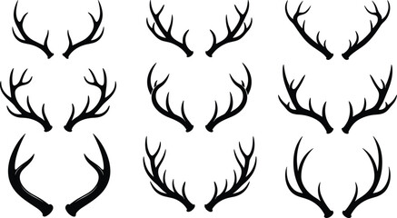 Set of black silhouette antlers on white background