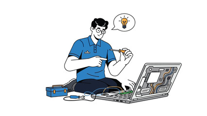 Technician repairing laptop hardware representing IT service maintenance troubleshooting and technology support concept