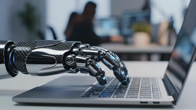 Futuristic robotic arm precisely typing on a laptop, symbolizing the advanced integration of artificial intelligence and automation in a modern work environment