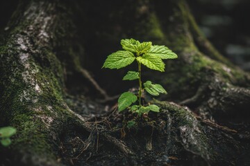 Symbolic green plant growth in dark forest