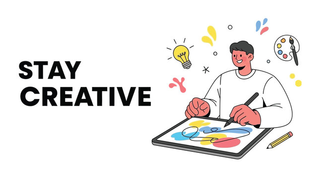 Stay creative motivational illustration showing artist working with ideas imagination and inspiration for design mindset - Powered by Adobe