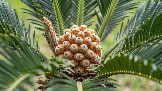 Closeup of a sago palm with a developing cone showcasing its unique reproductive structure and vibrant green fronds in a natural setting.