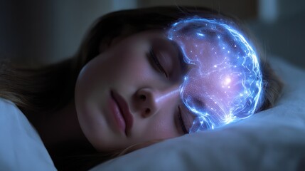 Woman sleeping with glowing digital brain visualization