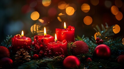 Advent candles illuminating the darkness with softly blurred abstract lights in the background