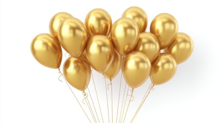A collection of gold balloons floats together with thin strings attached. They are ready for a celebration event or party. The bright color adds joy and excitement to the scene.