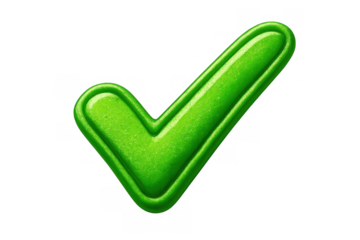 Green 3d check mark symbol indicating approval, success, completion, and validation, with a glossy, bubbly texture on a transparent background