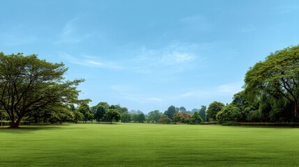 Naklejka premium A large open space covered in grass is surrounded by trees under a blue sky. It is daytime and the area looks well maintained and lively.