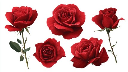 Fototapeta premium Roses in different shapes and sizes are displayed on a white background. Each rose has vibrant red petals with green leaves. The arrangement highlights the beauty of nature.