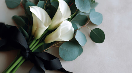 Obraz premium Elegant bouquet of white calla lilies with eucalyptus and black ribbon