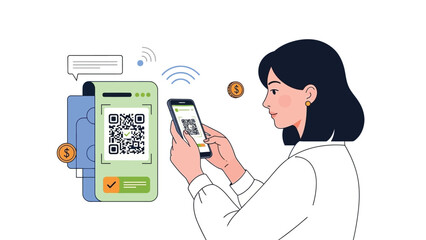 Woman using mobile payment app representing digital finance cashless transaction and modern banking concept