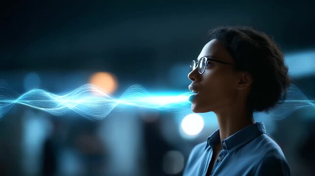 Profile view of person with soundwave graphics blurred face backdrop blue tones voice understanding technology AI speech interpretation linguistic interaction enablement dict