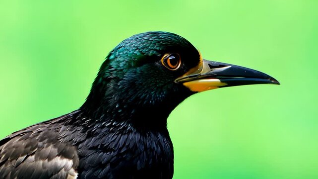 Closeup portrait of a black bird with bright orange eye and yellow beak patch against a vibrant green background