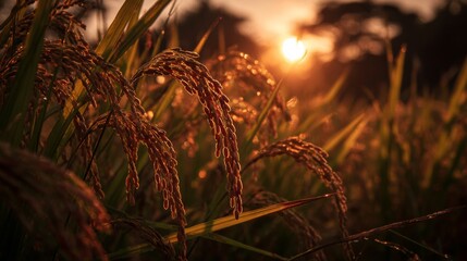 Obraz premium Golden Rice Field at Sunset with Sunlight Shining through Grains in Vibrant Nature Landscape, Beautiful Agricultural Scene in Warm Tones