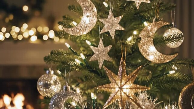 Decorated evergreen tree with ornaments and string lights in festive atmosphere