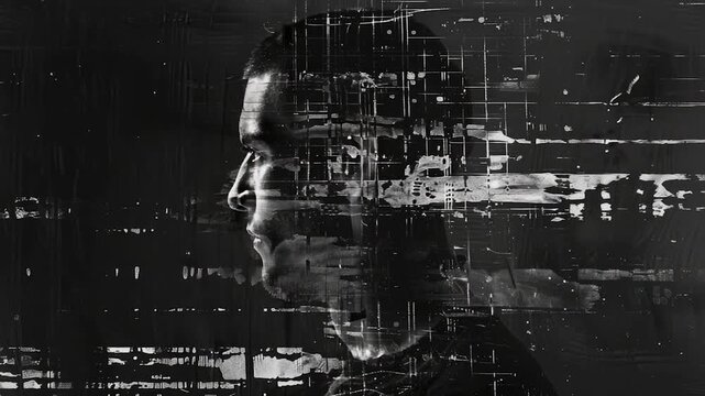 Video A close-up of a man's face in grayscale, suitable for use in editorial or documentary contexts