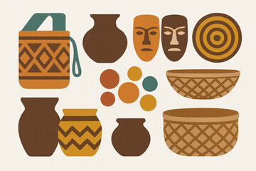 Colombian Artisan Craft Icon Set with Wayuu Mochila, Pottery and Traditional Handicrafts