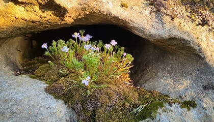 Some Small Flowering Plants Survived And Grew In A Small Hole In The Rock Without Soil